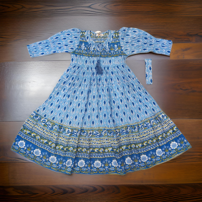8-9 Year Abia Blue Cotton Girls Dress 42&quot; Long Jalabiya