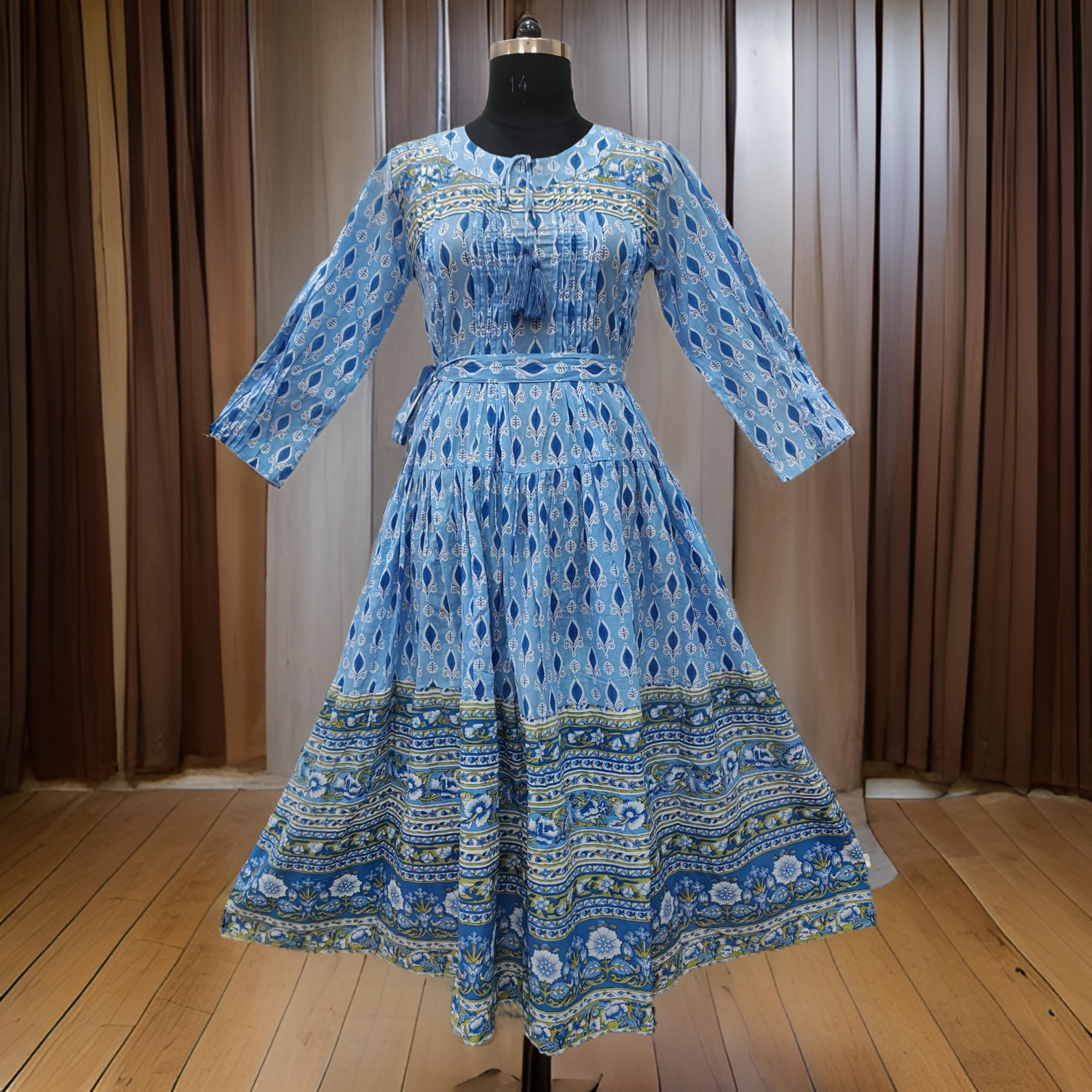 XS/S Abia Blue Cotton Dress 54&quot; Long Jalabiya