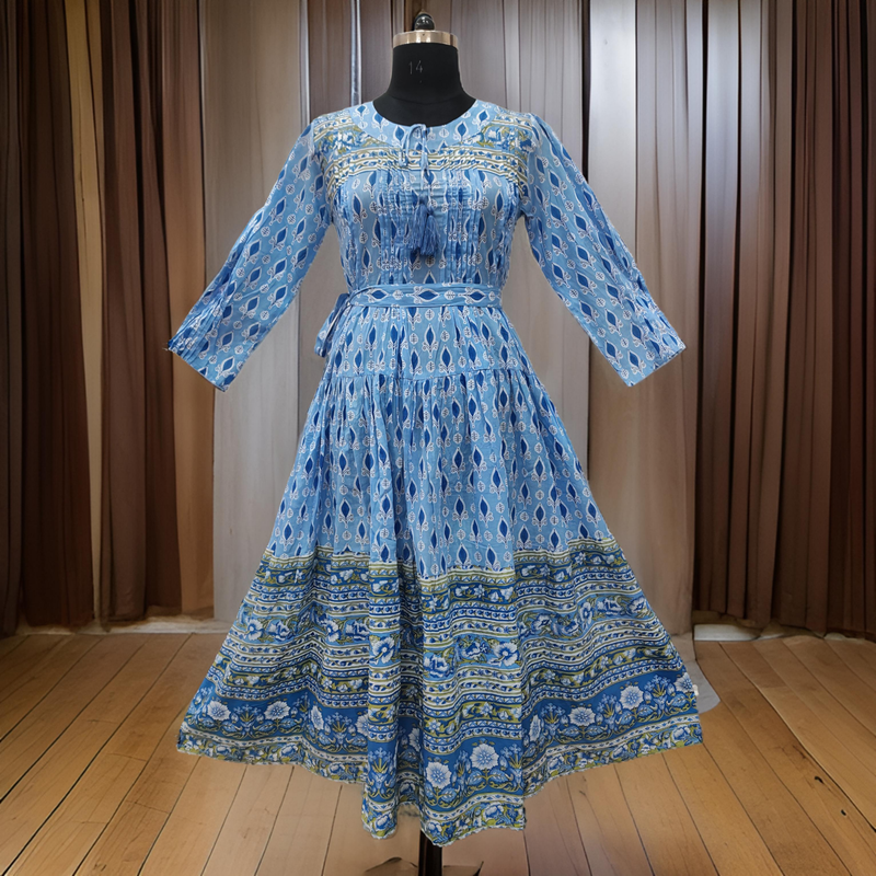 2XL/3XL Abia Blue Cotton Dress 57&quot; Long Jalabiya