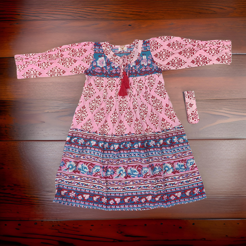 6-7 Year Abia Pink Cotton Girls Dress 38&quot; Long Jalabiya