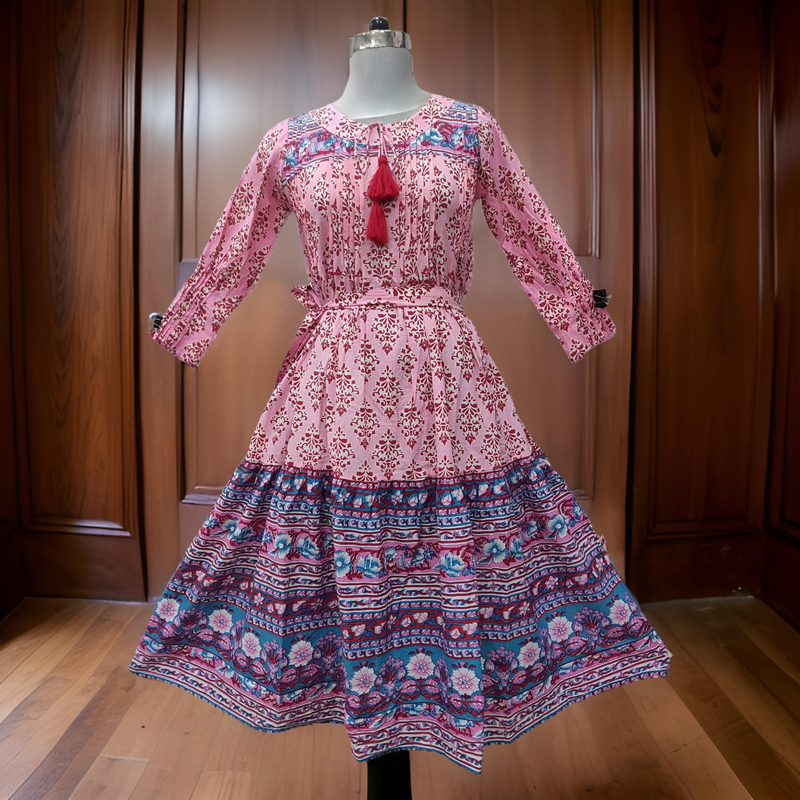 10-11 Year Abia Pink Cotton Girls Dress 46&quot; Long Jalabiya