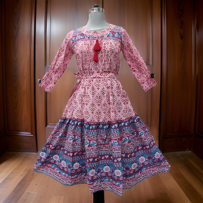 10-11 Year Abia Pink Cotton Girls Dress 46&quot; Long Jalabiya