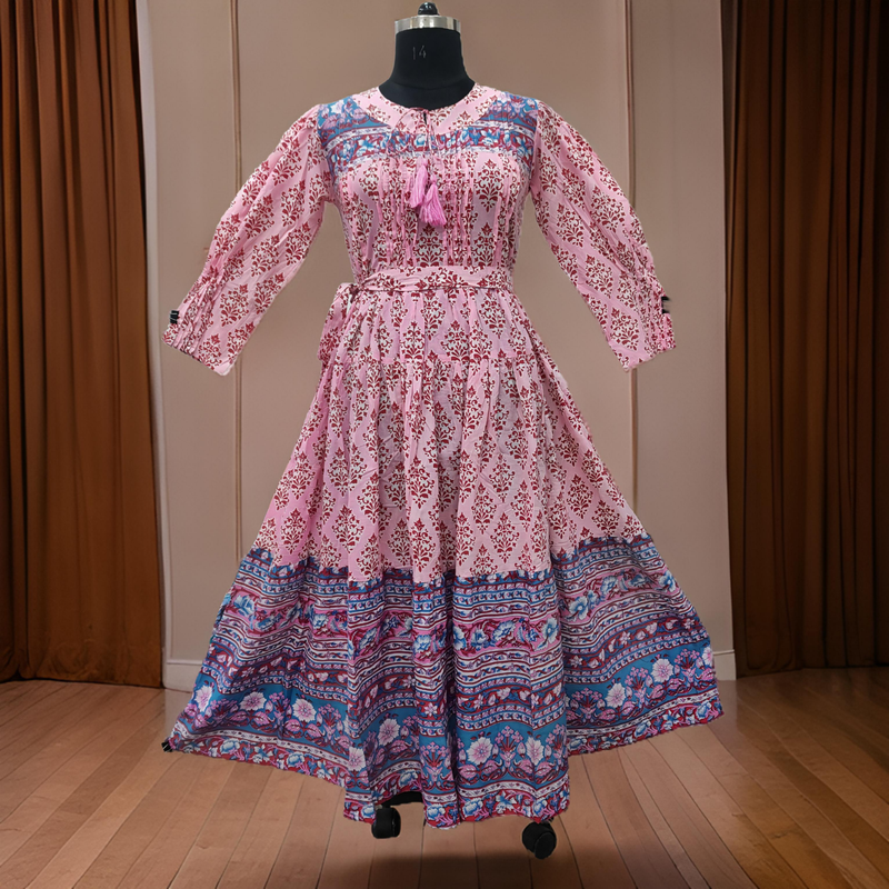 L/XL Abia Pink Cotton Dress 57&quot; Long Jalabiya