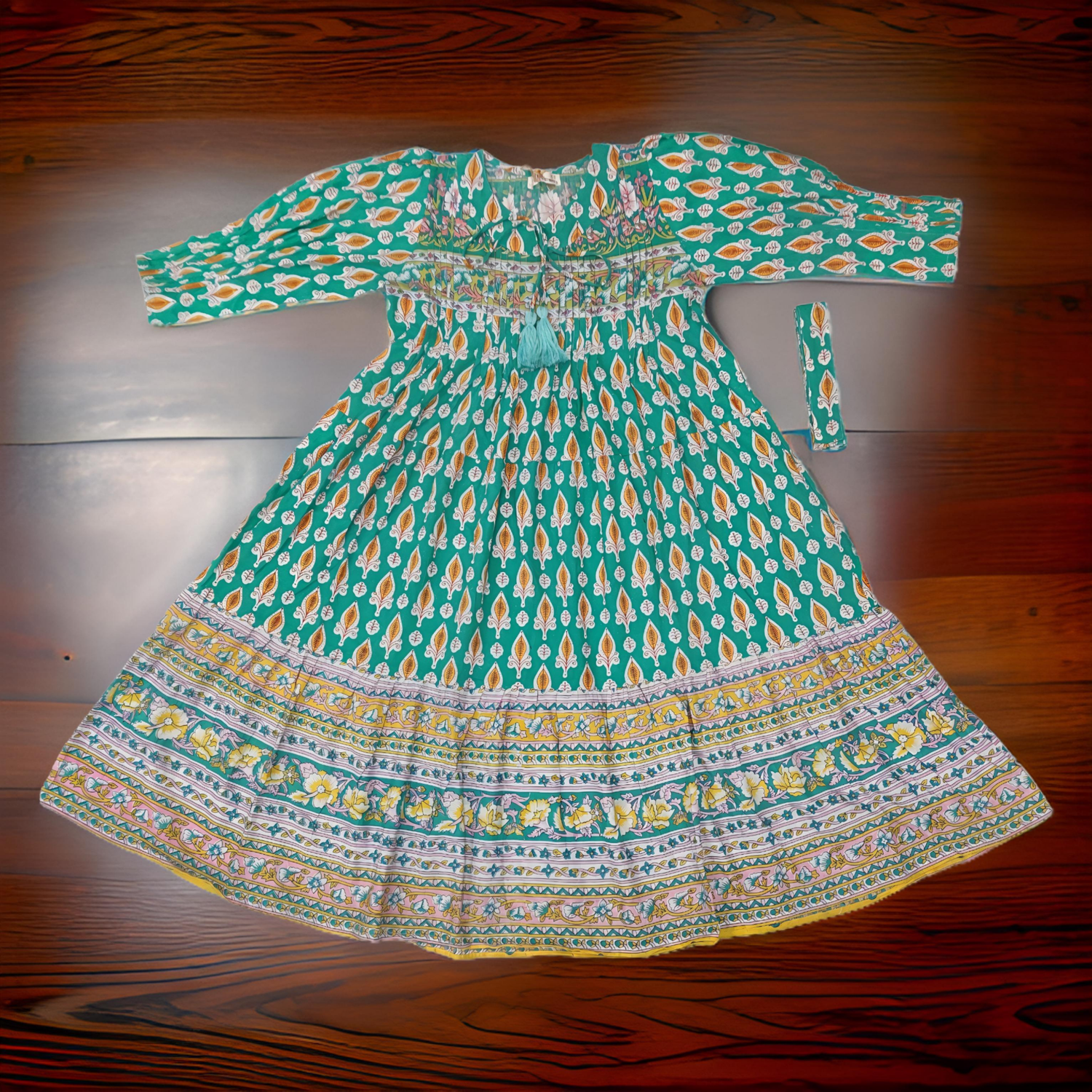 8-9 Year Abia Green Cotton Girls Dress 42&quot; Long Jalabiya