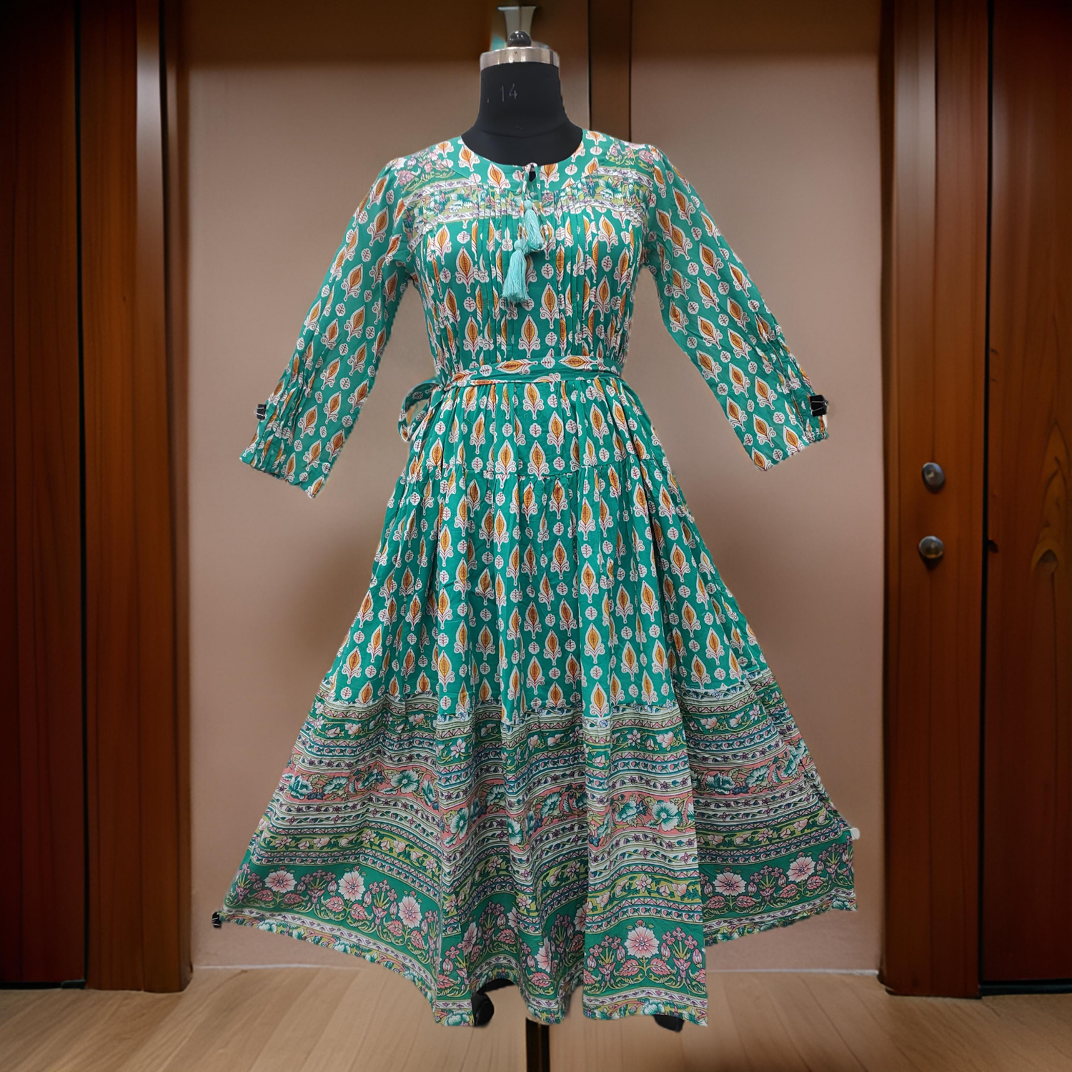 XS/S Abia Green Cotton Dress 54&quot; Long Jalabiya