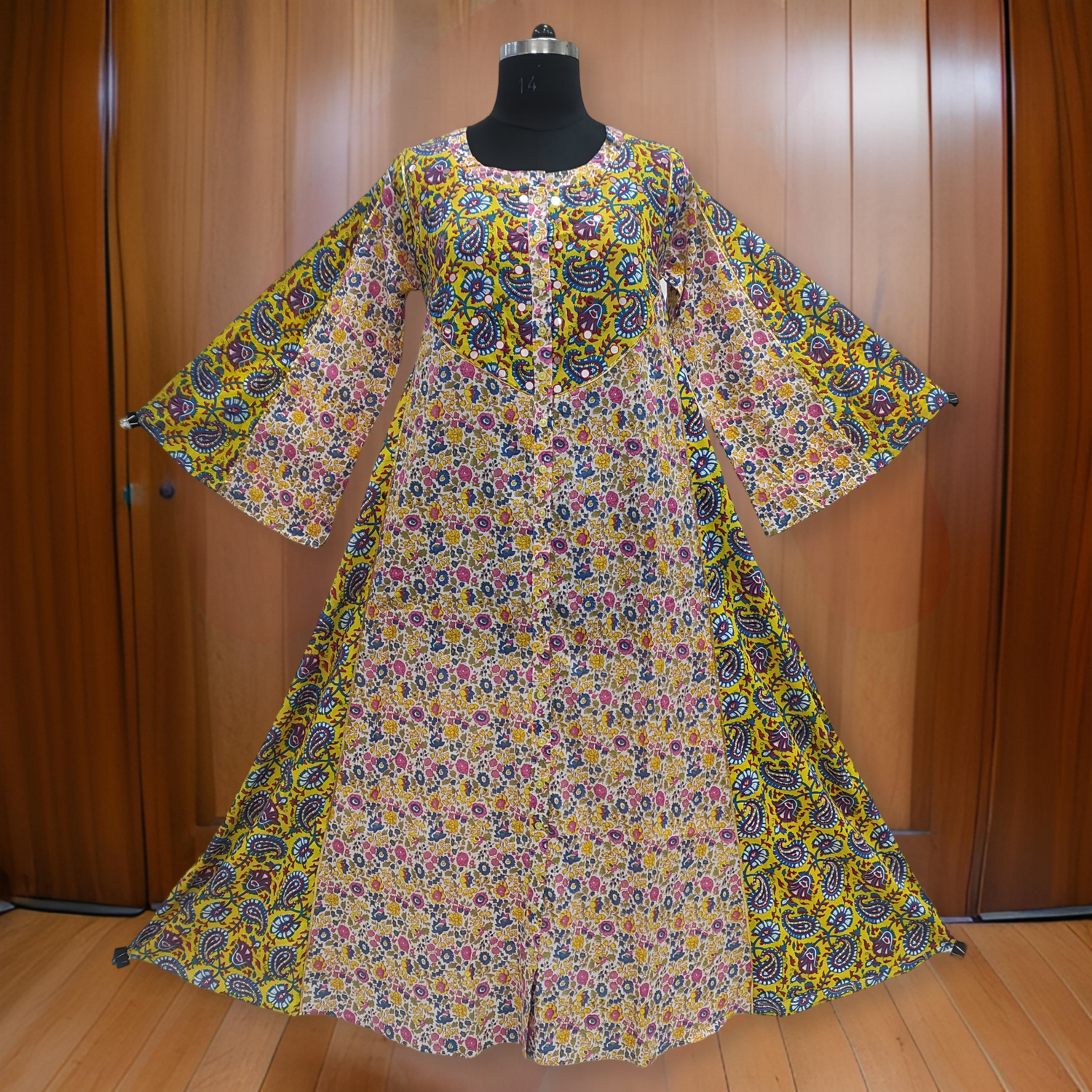 S/M Lotus Printed Cotton Dress 57&quot; Long Jalabiya