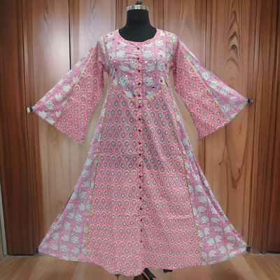 L/XL Lotus Printed Cotton Dress 57&quot; Long Jalabiya