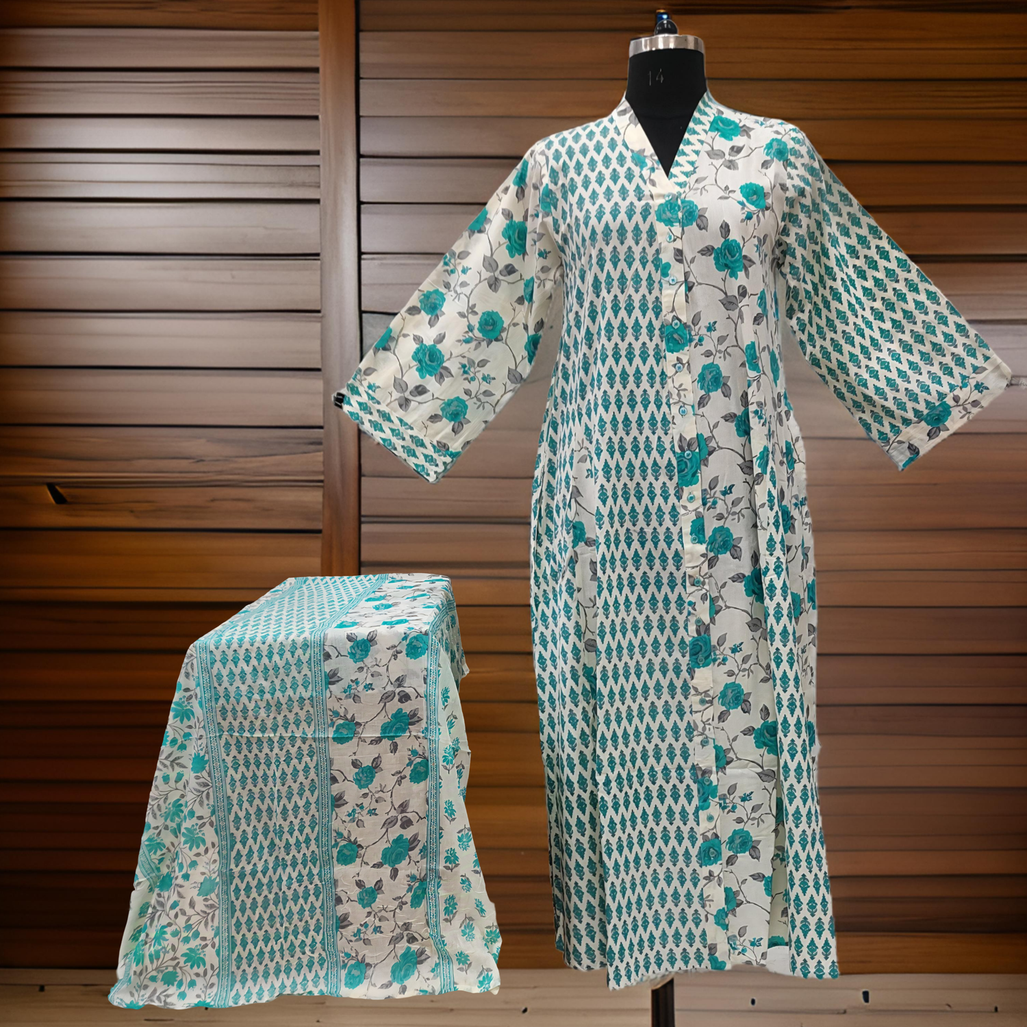 L/XL Ayana Printed Cotton Dress 57&quot; Long Jalabiya With Sheila