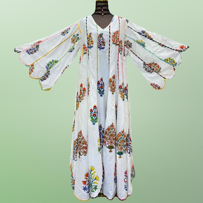 2XL/3XL Meher Crystal white Printed Cotton Dress 57&quot; Long Jalabiya