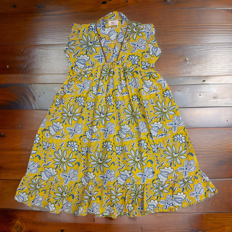 8-9 Year Yellow And White Amani Printed Cotton Girls Dress 42&#39;&#39; Long Jalabiya