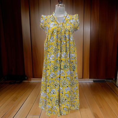10-11 Year Yellow And White Amani Printed Cotton Girls Dress 45&#39;&#39; Long Jalabiya