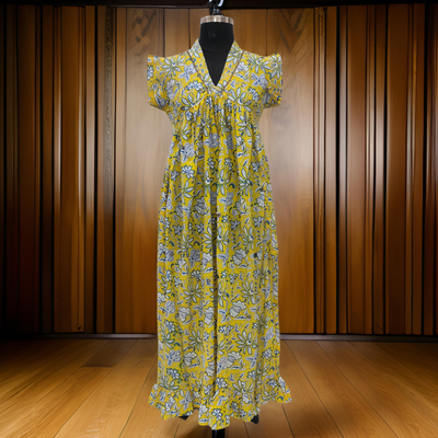 L/XL Yellow And White Amani Printed Cotton Dress 57&#39;&#39; Long Jalabiya