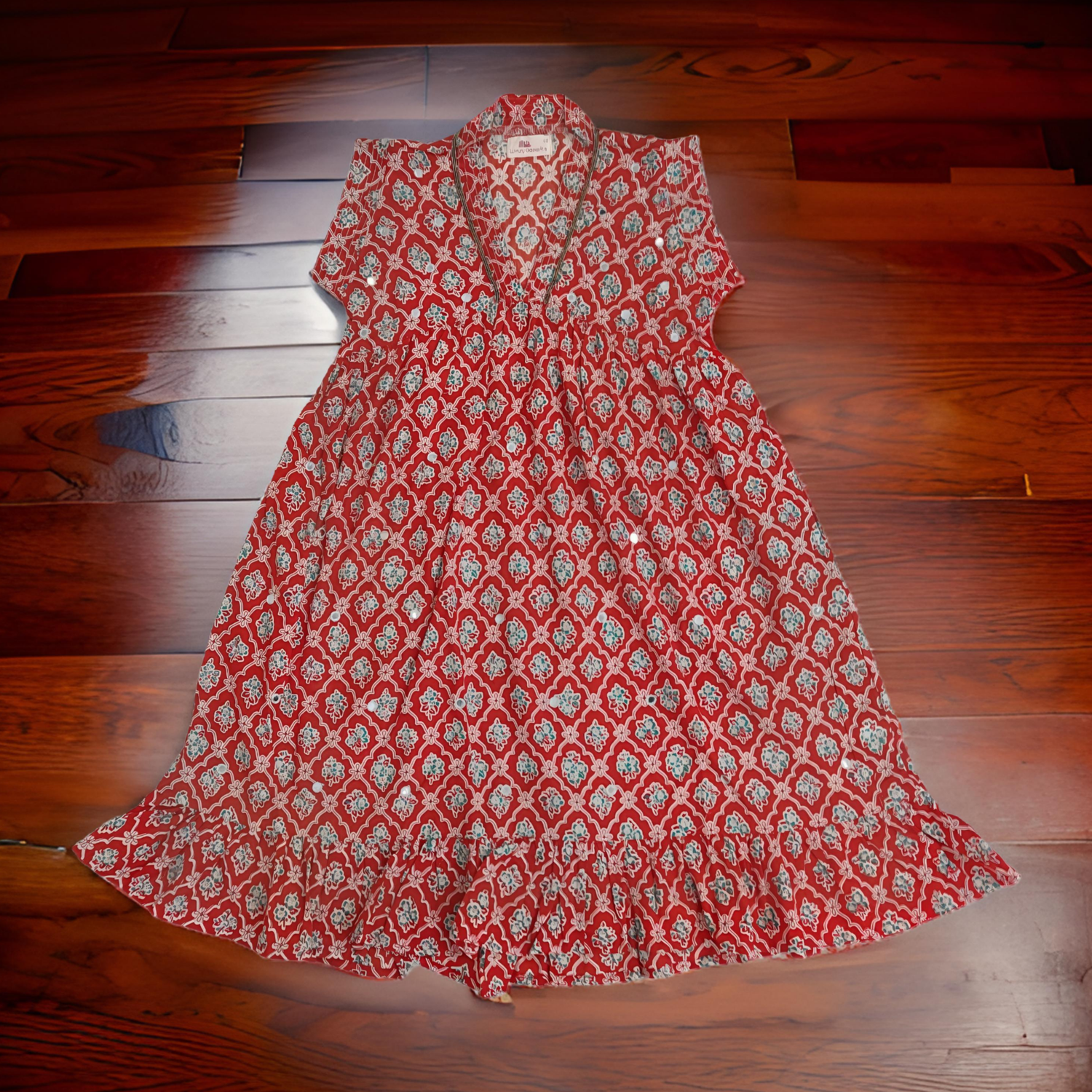 6-7 Year Red Amani Printed Cotton Girls Dress 38&#39;&#39; Long Jalabiya