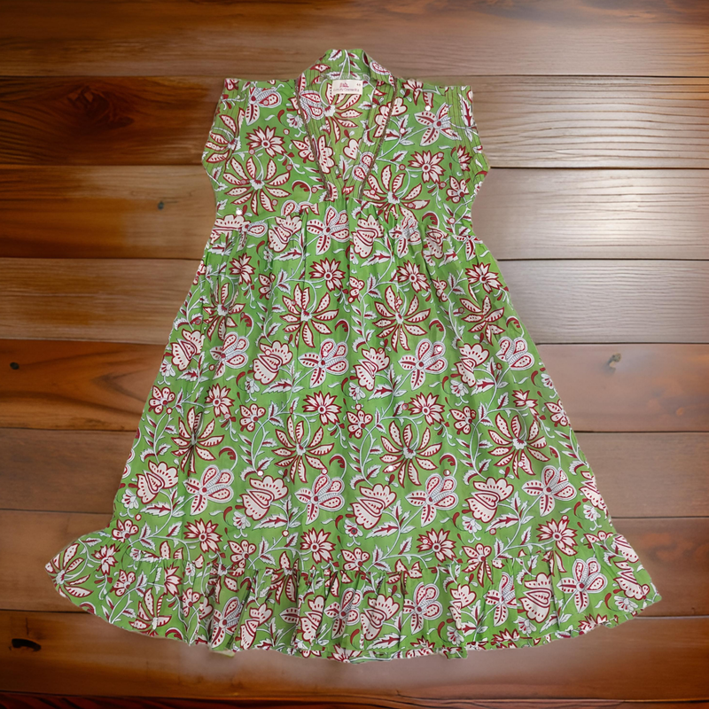 6-7 Year Green and White Amani Printed Cotton Girls Dress 38&#39;&#39; Long Jalabiya