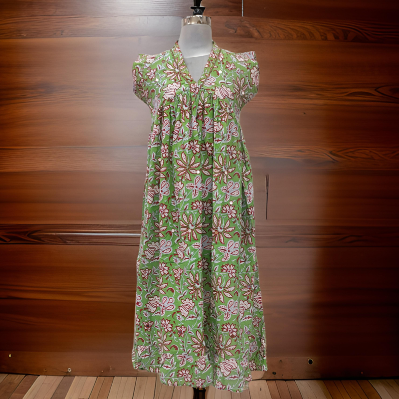 10-11 Year Green and White Amani Printed Cotton Girls Dress 45&#39;&#39; Long Jalabiya