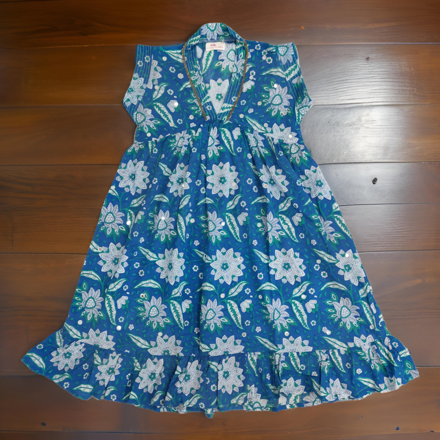 2-3 Year Blue And White Amani Printed Cotton Girls Dress 28&#39;&#39; Long Jalabiya