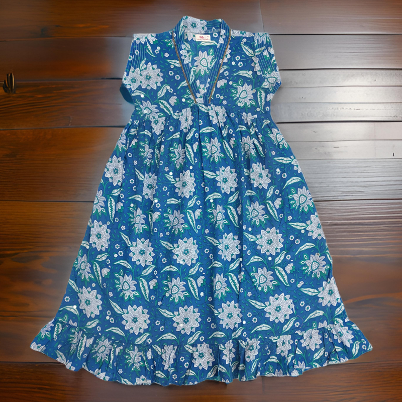 8-9 Year Blue And White Amani Printed Cotton Girls Dress 42&#39;&#39; Long Jalabiya