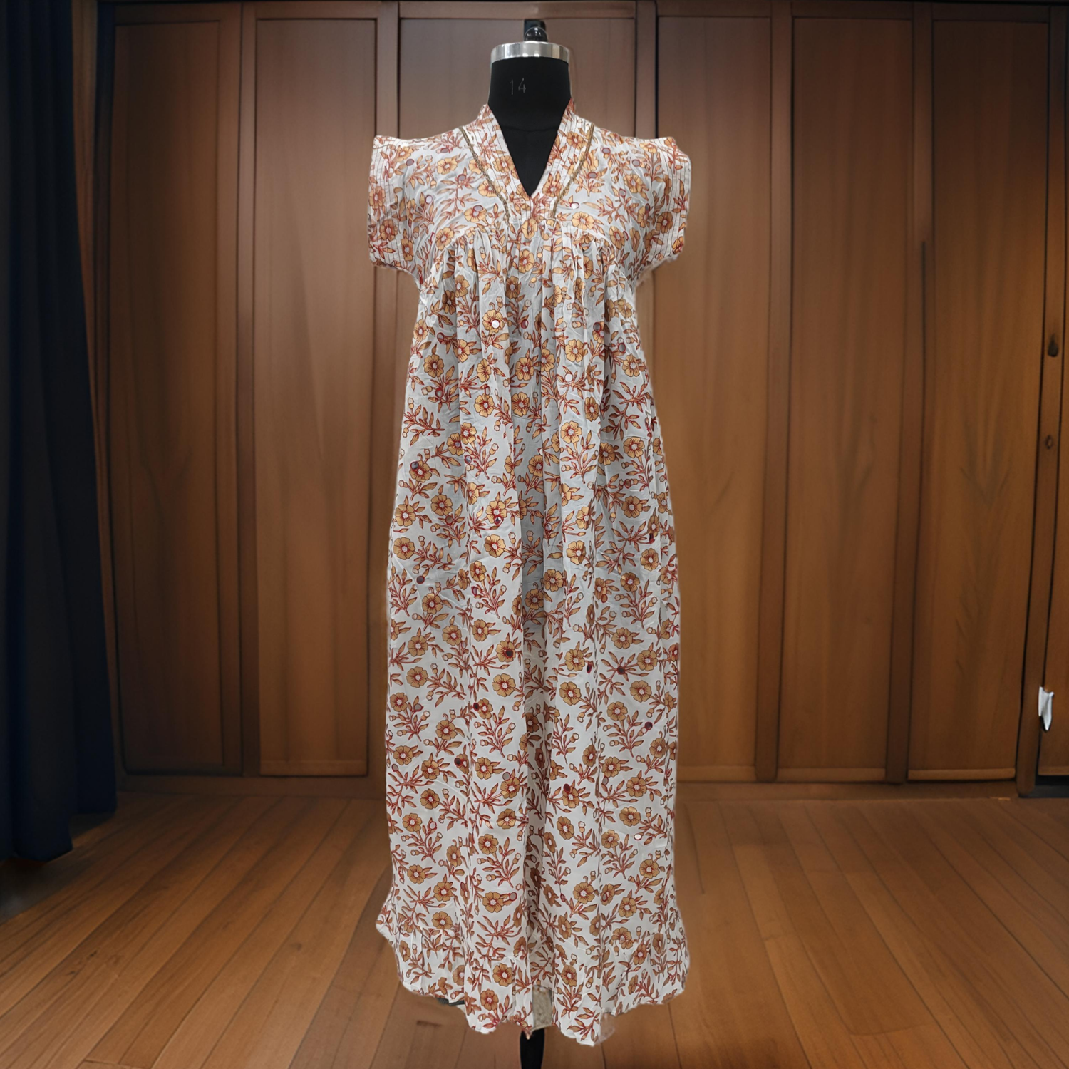 S/M Amani Gold Print Cotton Dress 57&quot; Short Sleeves Jalabiya