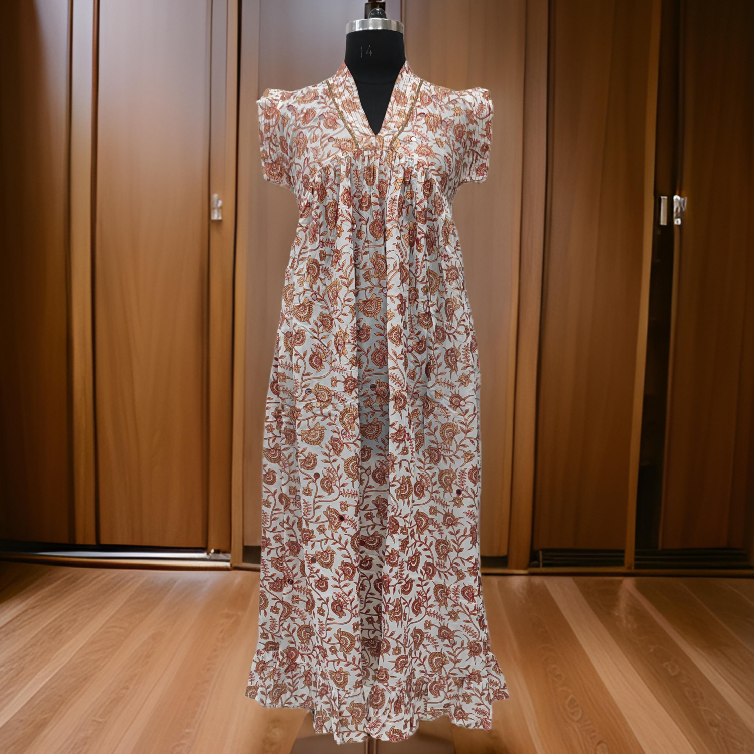 S/M Amani Gold Print Cotton Dress 57&quot; Short Sleeves Jalabiya