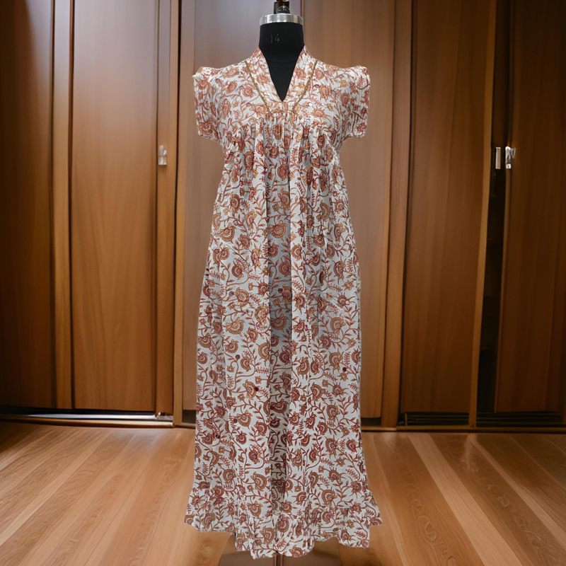 S/M Amani Gold Print Cotton Dress 57&quot; Short Sleeves Jalabiya
