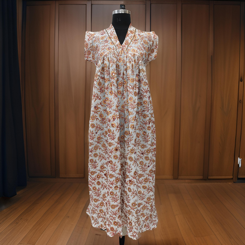 L/XL Amani Gold Cotton Dress 57&quot; Short Sleeves Jalabiya