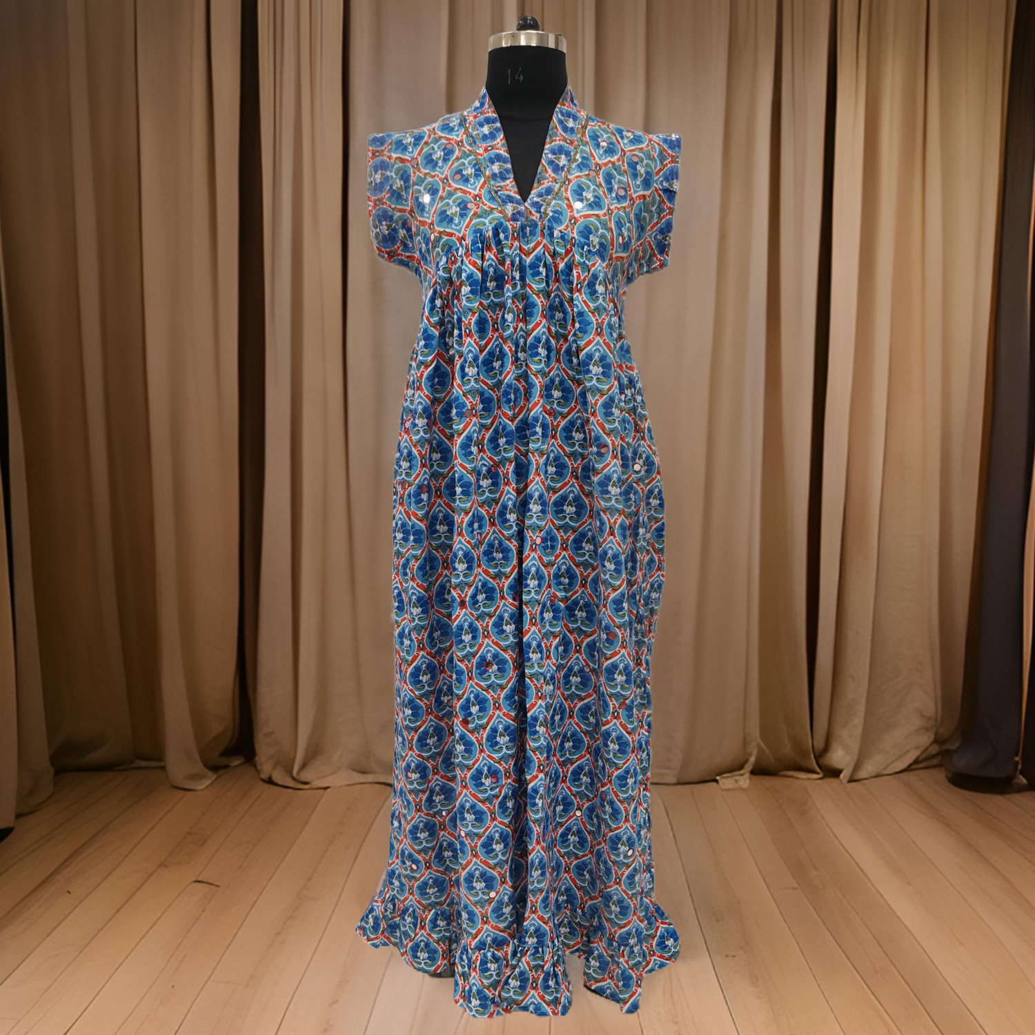 L/XL Blue Amani Printed Cotton Dress 57&quot; Short Sleeves Jalabiya