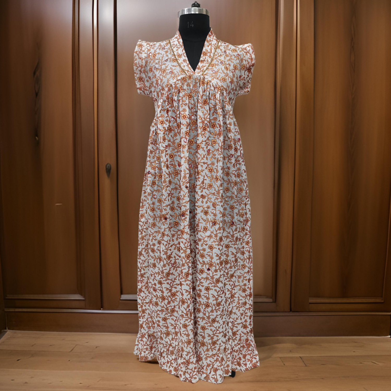S/M Amani Gold Print Cotton Dress 57&quot; Short Sleeves Jalabiya