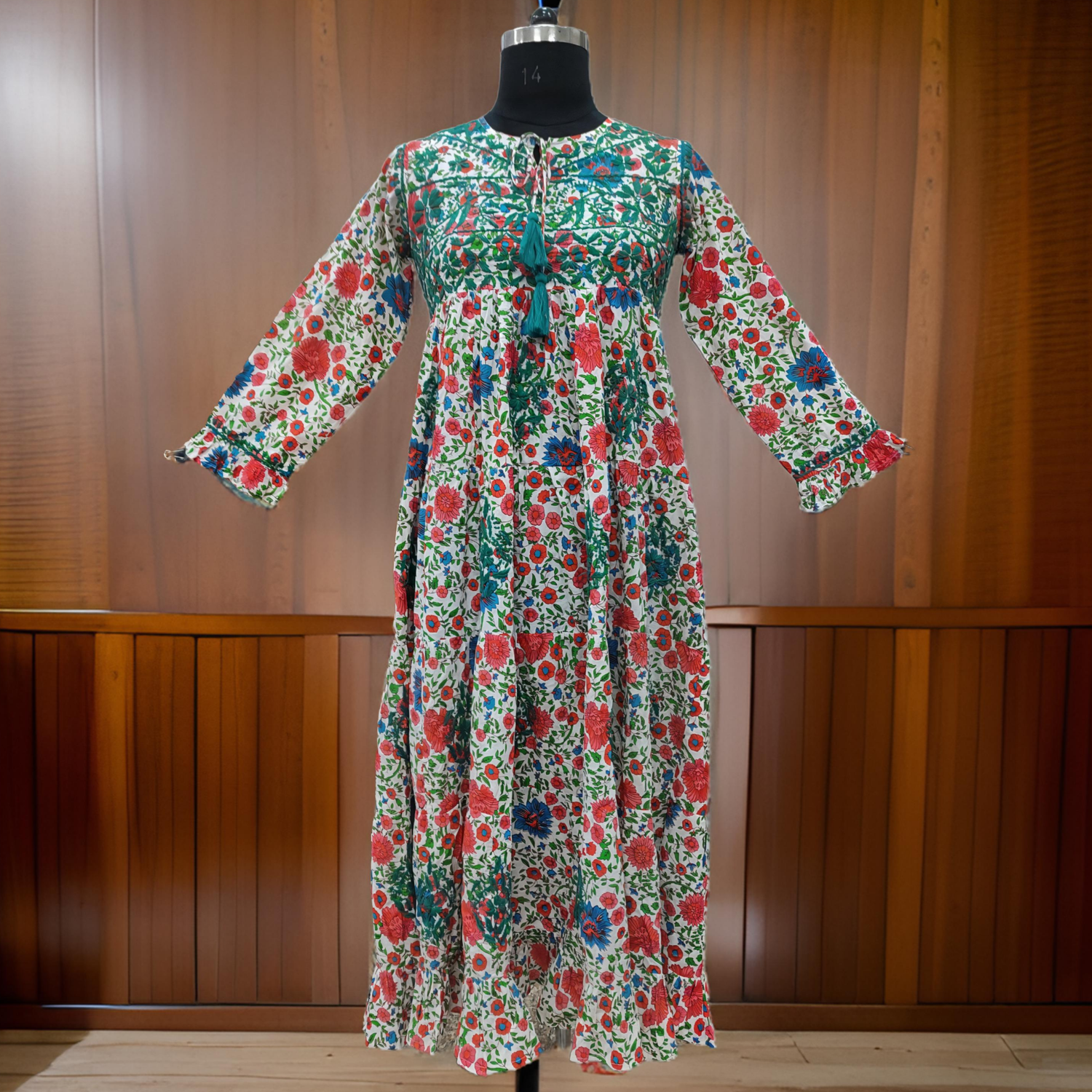 XS/S Razia Embroidery Printed Cotton  Dress 54&quot; Long Jalabiya
