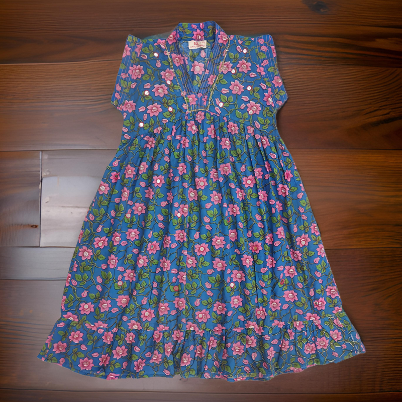 2-3 Year Blue And Pink Amani Printed Cotton Girls Dress 30&#39;&#39; Long Jalabiya