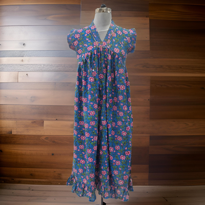 10-11 Year Blue And Pink Amani Printed Cotton Girls Dress 45&#39;&#39; Long Jalabiya