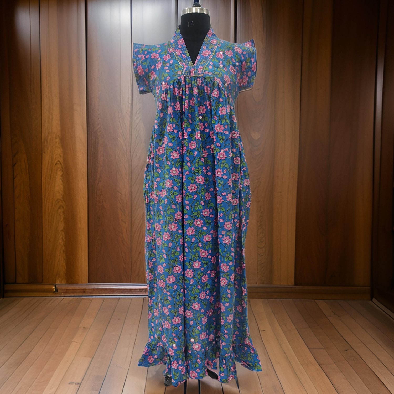 L/XL Blue And Pink Amani Printed Cotton Dress 57&#39;&#39; Long Jalabiya