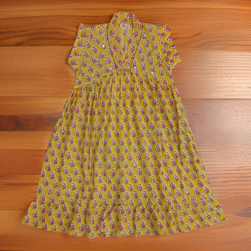 2-3 Year Yellow Amani Printed Cotton Girls Dress 30&#39;&#39; Long Jalabiya