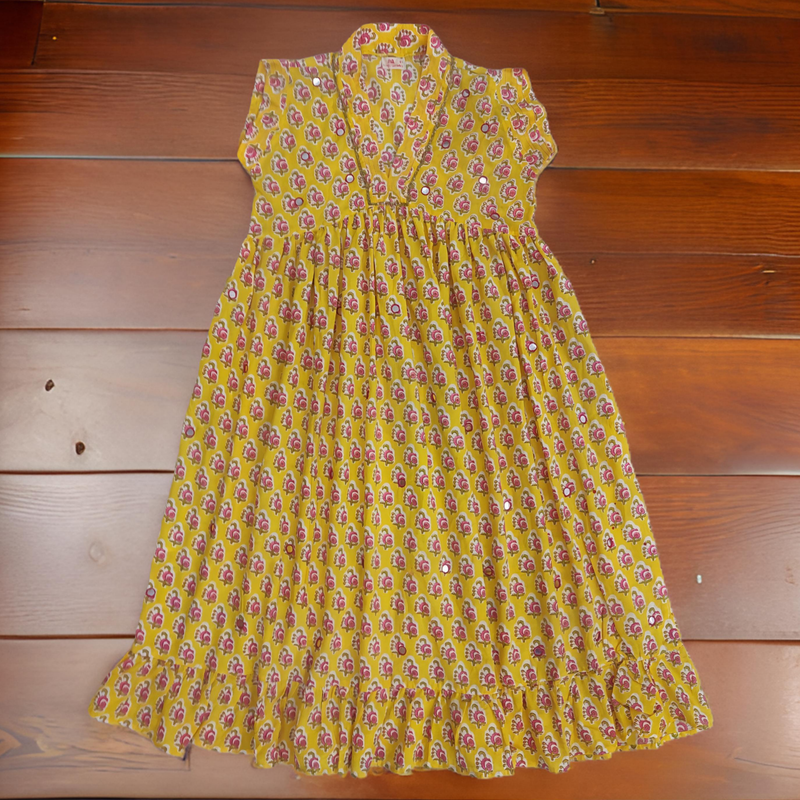 8-9 Year Yellow Amani Printed Cotton Girls Dress 42&#39;&#39; Long Jalabiya