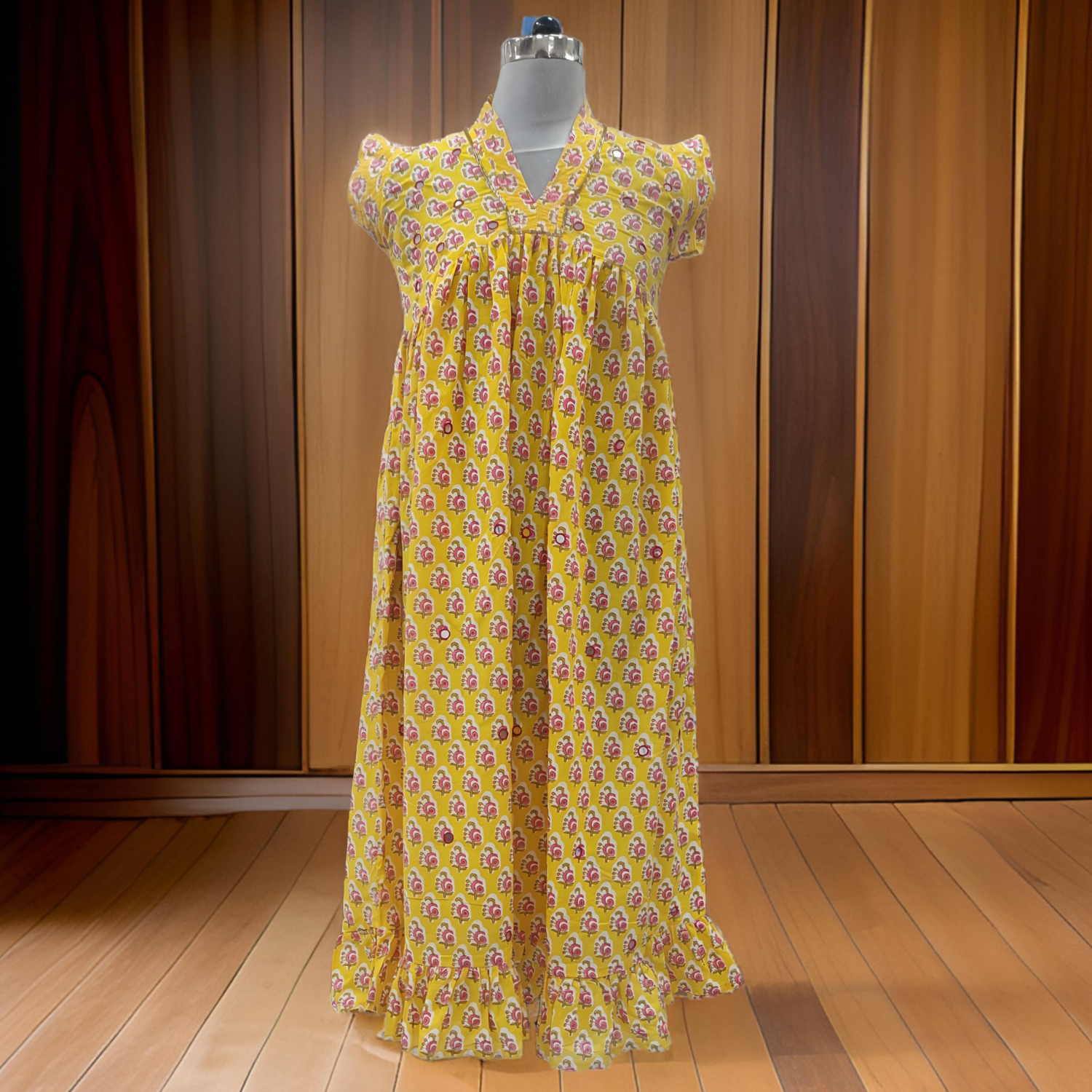 10-11 Year Yellow Amani Printed Cotton Girls Dress 46&#39;&#39; Long Jalabiya