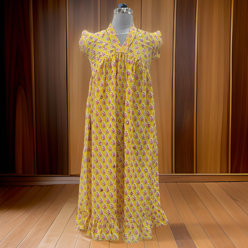 10-11 Year Yellow Amani Printed Cotton Girls Dress 46&#39;&#39; Long Jalabiya