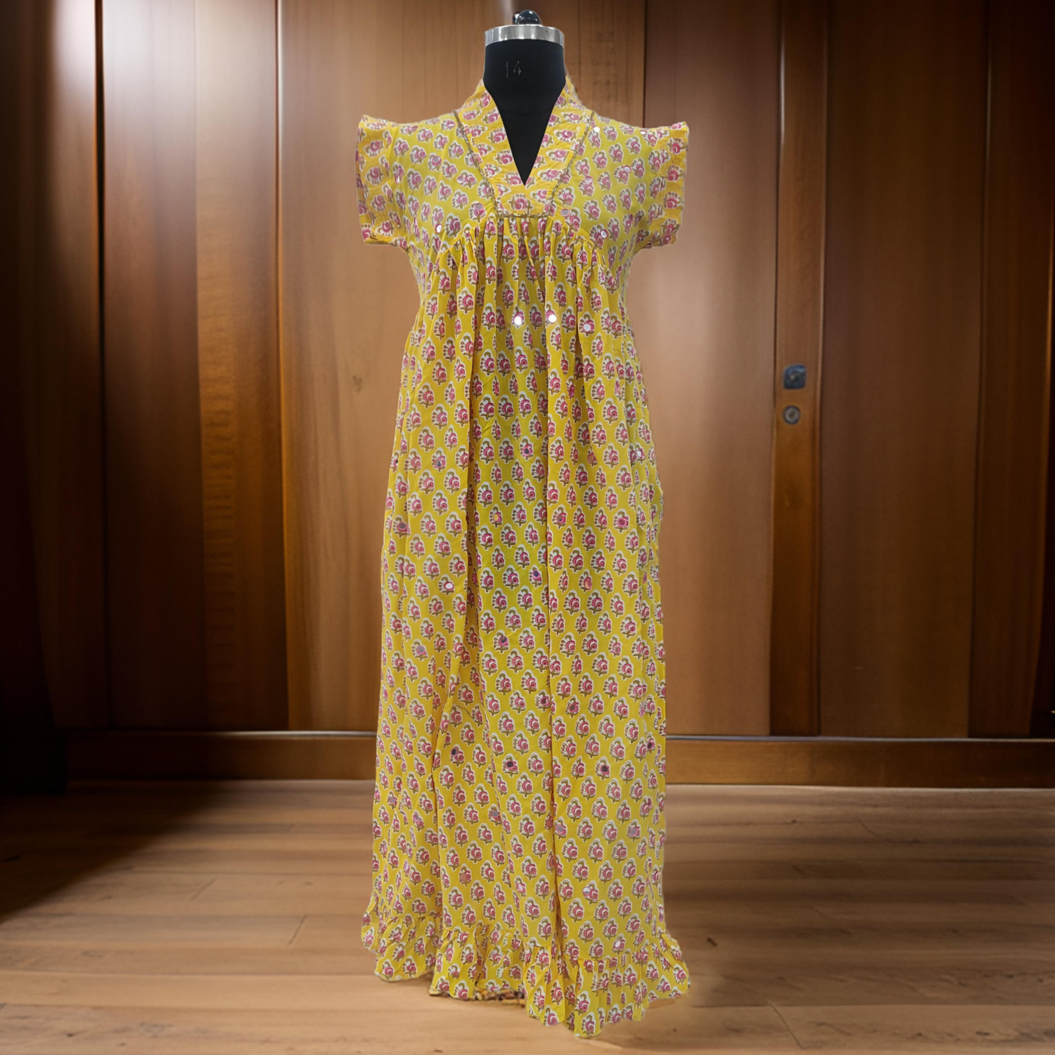 2XL/3XL Yellow Amani Printed Cotton Dress 57&#39;&#39; Long Jalabiya
