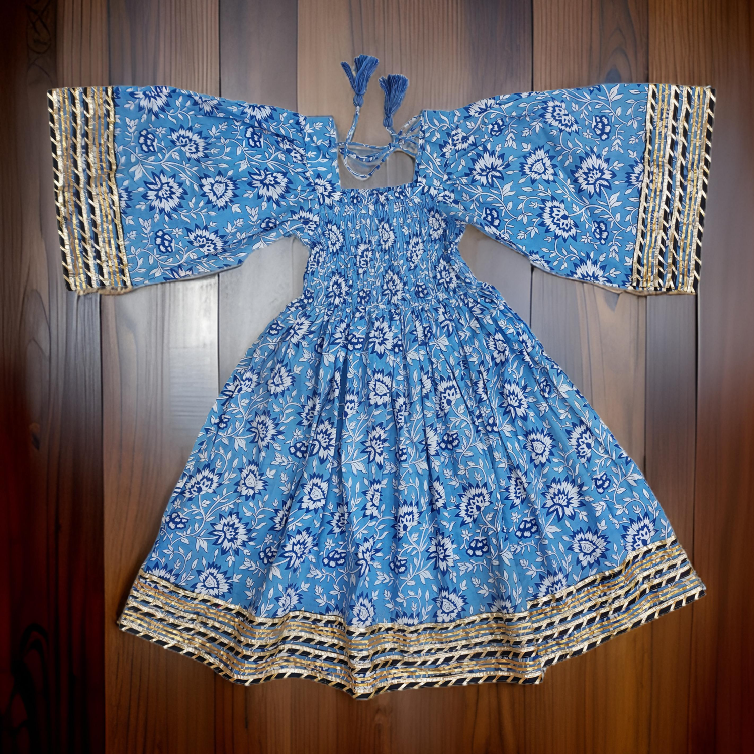 6-7 Year Blue Elzina Printed Cotton  Dress 38&quot; Long Jalabiya