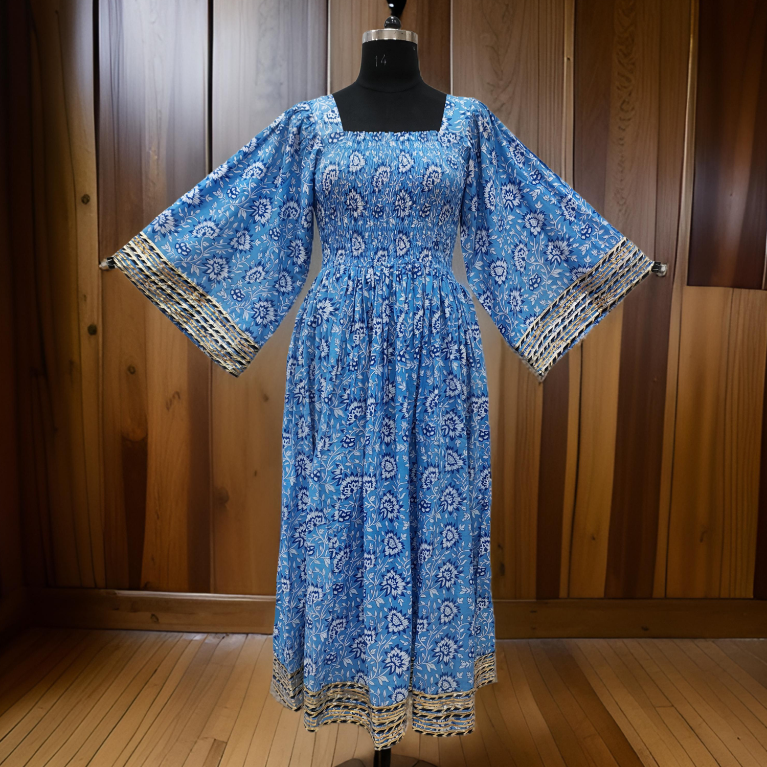 S/M Blue Elzina Printed Cotton Dress 57&quot; Long Jalabiya