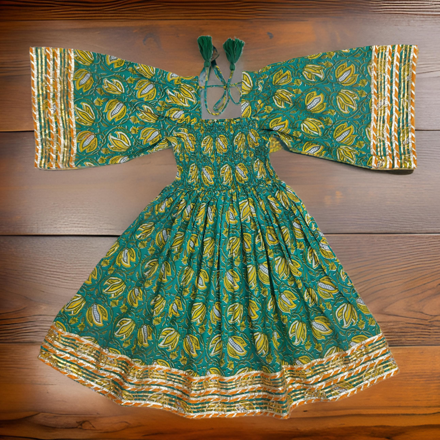 6-7 Year Green Elzina Printed Cotton  Dress 38&quot; Long Jalabiya