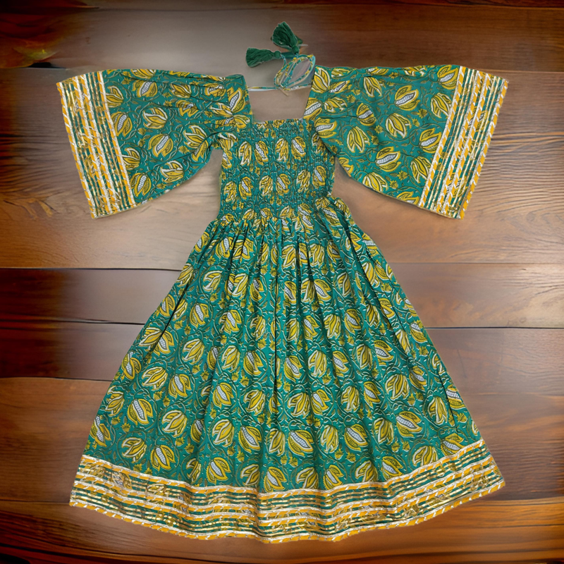 8-9 Year Green Elzina Printed Cotton  Dress 42&quot; Long Jalabiya