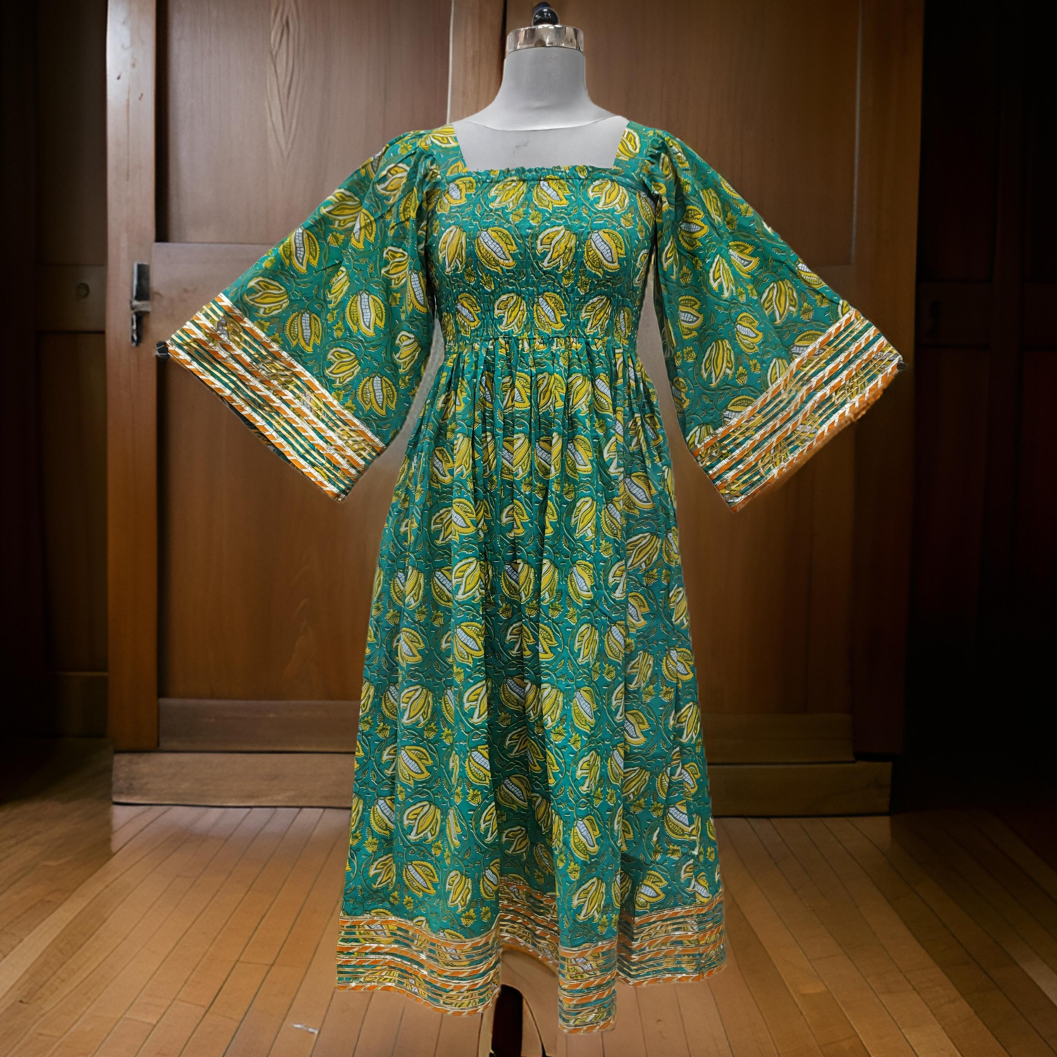 12-13 Year Green Elzina Printed Cotton  Dress 50&quot; Long Jalabiya