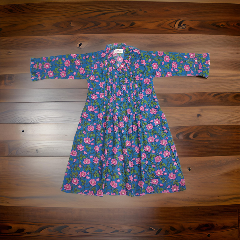 2-3 Year Blue Sparrow Printed Cotton Girls Dress 30&quot; Long Jalabiya