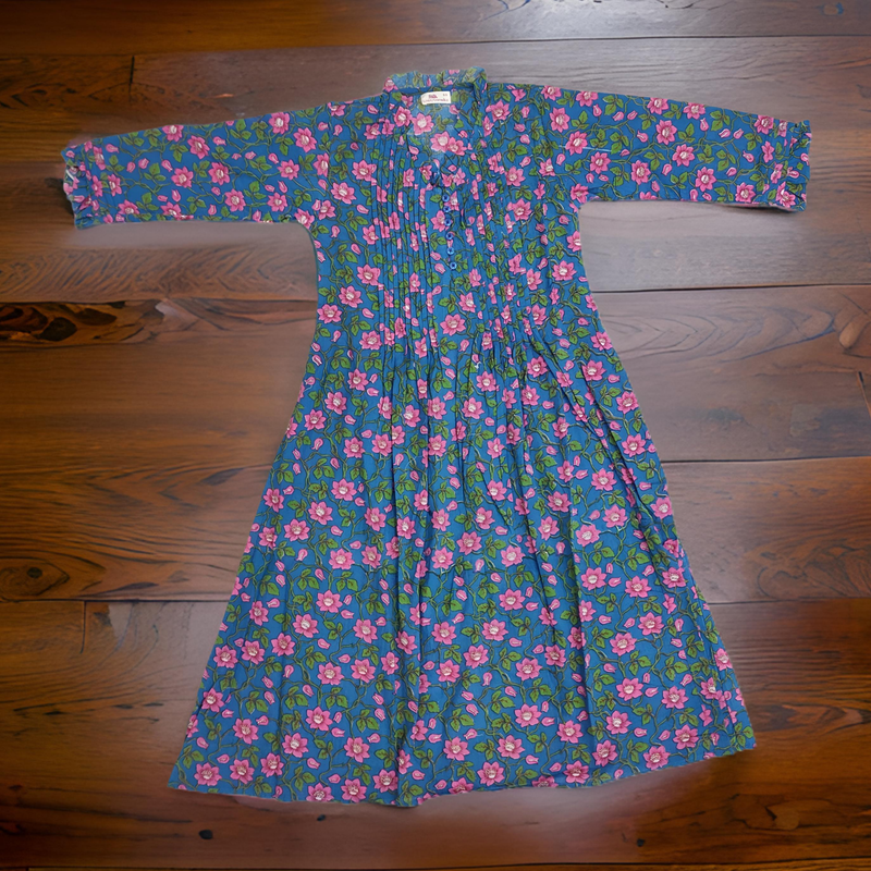 8-9 Year Blue Sparrow Printed Cotton Girls Dress 42&quot; Long Jalabiya