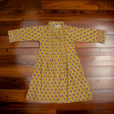 4-5 Year Yellow Sparrow Printed Cotton Girls Dress 34&quot; Long Jalabiya