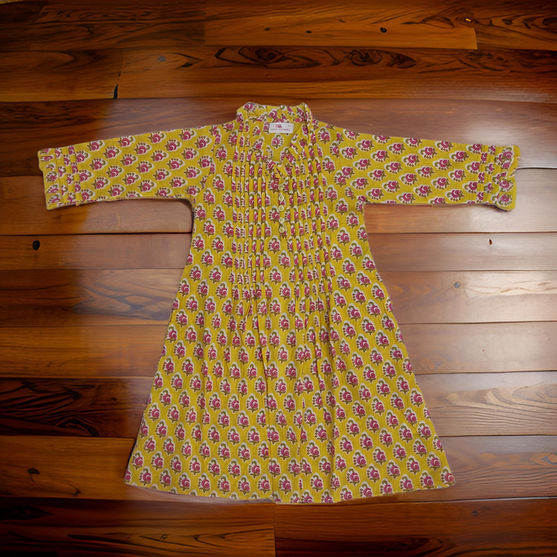6-7 Year Yellow Sparrow Printed Cotton Girls Dress 38&quot; Long Jalabiya