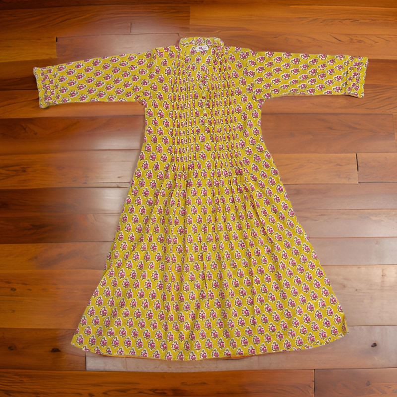 8-9 Year Yellow Sparrow Printed Cotton Girls Dress 42&quot; Long Jalabiya