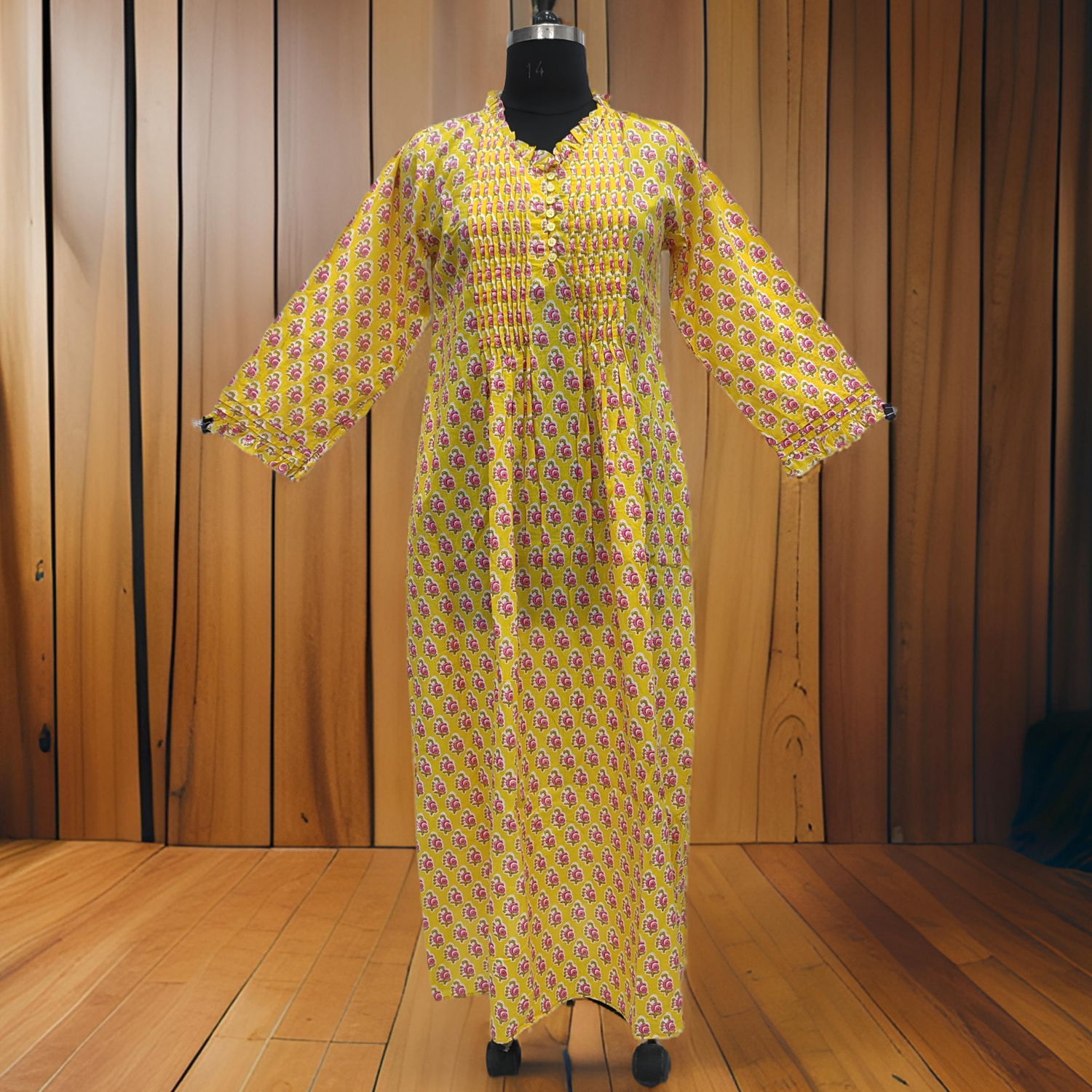 XS/S Yellow Sparrow Printed Cotton Dress 54&quot; Long Jalabiya