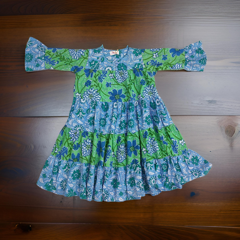 6-7 Year Blue And Green Moon Printed Cotton Girls Dress 38&quot; Long Jalabiya