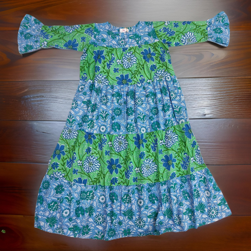 8-9 Year Blue And Green Moon Printed Cotton Girls Dress 42&quot; Long Jalabiya