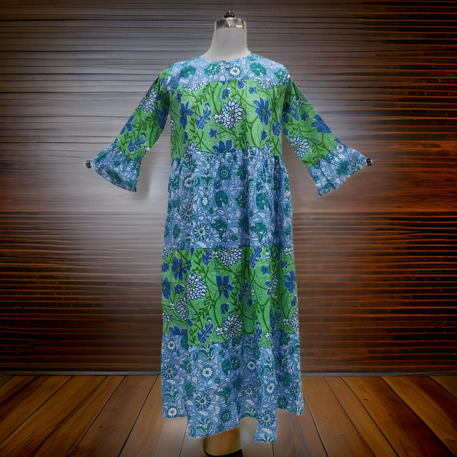 12-13 Year Blue And Green Moon Printed Cotton Girls Dress 50&quot; Long Jalabiya